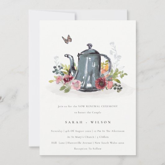 Cute Leafy Roos Floral Teapot Vow Renewal Invite Bedankkaart (Voorkant)