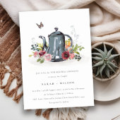 Cute Leafy Roos Floral Teapot Vow Renewal Invite Bedankkaart