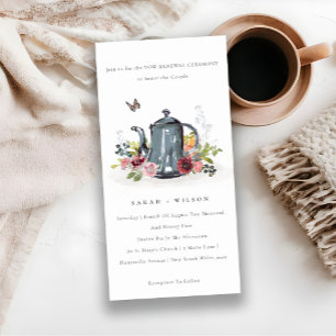 Cute Leafy Roos Floral Teapot Vow Renewal Invite Bedankkaart