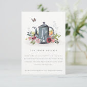 Cute Leafy Roos Floral Teapot Weddenschap Details Informatiekaartje (Staand voorkant)