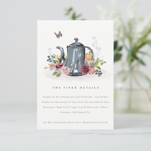 Cute Leafy Roos Floral Teapot Weddenschap Details Informatiekaartje (Staand voorkant)