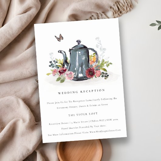 Cute Leafy Roos Floral Teapot Weddenschap Receptio Informatiekaartje