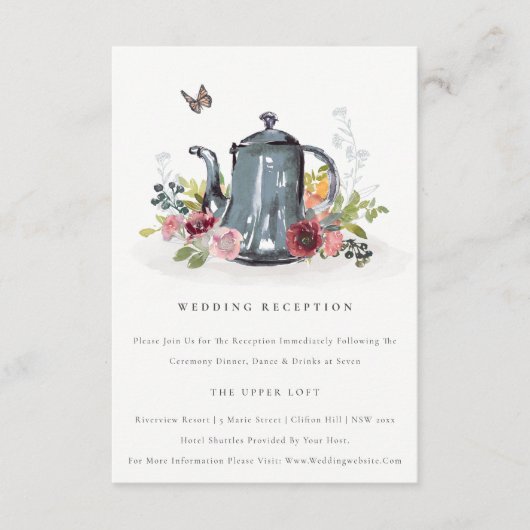 Cute Leafy Roos Floral Teapot Weddenschap Receptio Informatiekaartje (Voorkant)