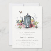 Cute Leafy Roos Floral Teapot Wedding Invite Bedankkaart (Voorkant)