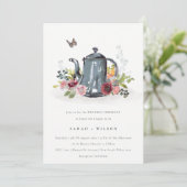 Cute Leafy Roos Floral Teapot Wedding Invite Bedankkaart (Staand voorkant)