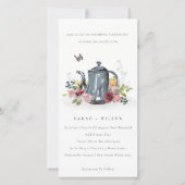Cute Leafy Roos Floral Teapot Wedding Invite Bedankkaart (Voorkant)