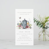 Cute Leafy Roos Floral Teapot Wedding Invite Bedankkaart (Staand voorkant)