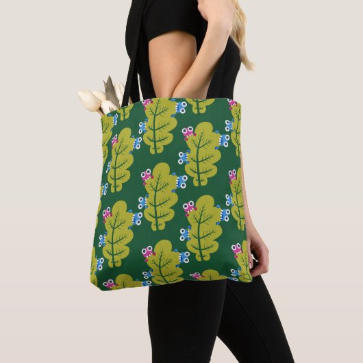 Cute Leaves Pattern met Cartoon Bugs Green Tote Bag (Dichtbij)