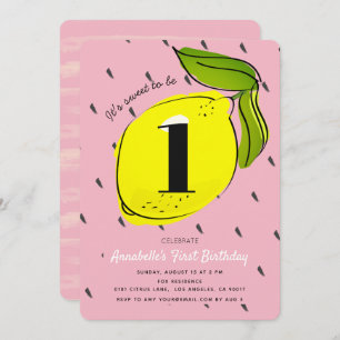 Cute Lemon Citrus Pink Birthday Party Invitation Kaart