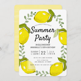 Cute Lemon Citrus White Summer Party Invitation Kaart