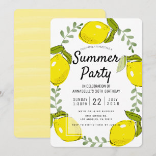 Cute Lemon Citrus White Summer Party Invitation Kaart