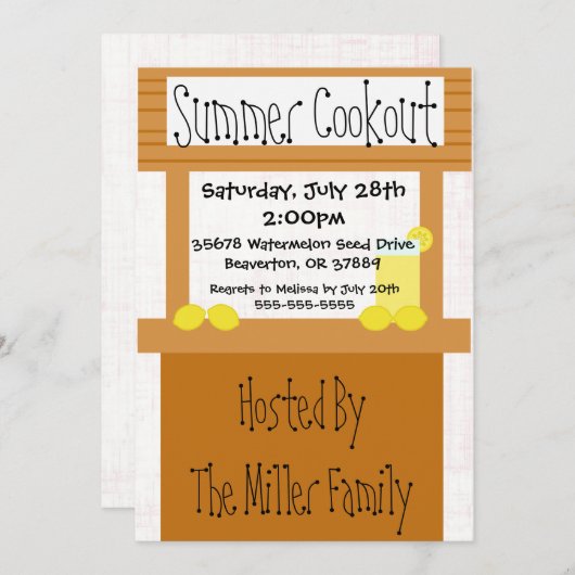 Cute Lemonade Stand Summer BBQ Uitnodiging (Voorkant / Achterkant)
