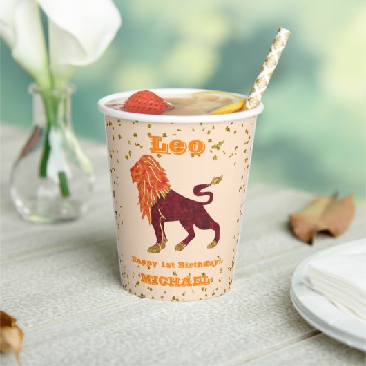 Cute Leo First Birthday & Gold Confetti Papieren Bekers (Insitu)