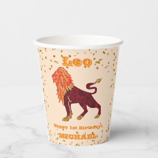 Cute Leo First Birthday & Gold Confetti Papieren Bekers (Voorkant)
