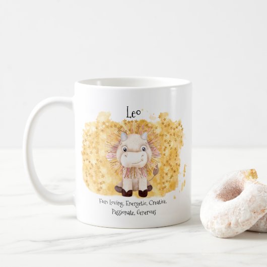 Cute Leo Lion Waterverf Bull Zodiac Monogram Koffiemok (Met donut)