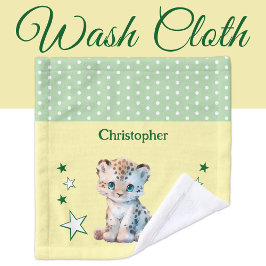 Cute leopard add name polka dots stars green washandje