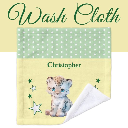Cute leopard add name polka dots stars green washandje
