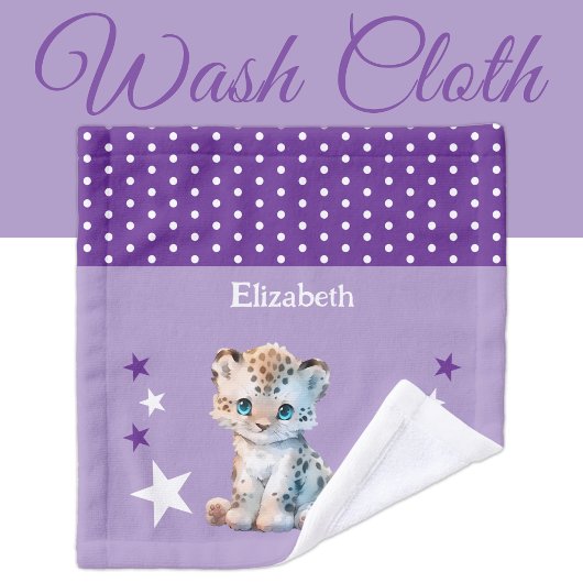 Cute leopard add name polka dots stars purple washandje