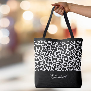 Cute Leopard Animal Pattern Name Black White Chic Tote Bag