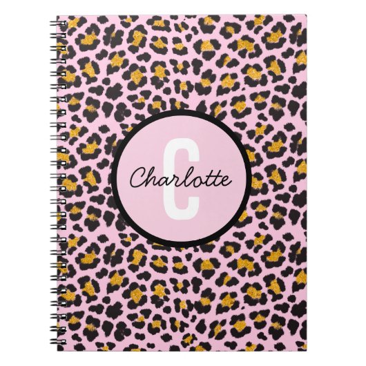 Cute Leopard Animal Print Monogram Roze Gold Notitieboek (Voorkant)