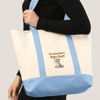 Cute leopard baby stuff name blue brown tote bag