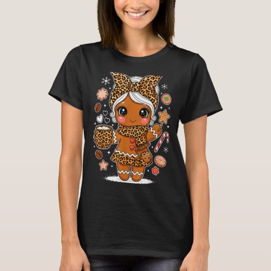 Cute Leopard Gingerbread Girl Coquette Bow Holiday T-shirt (Voorkant)