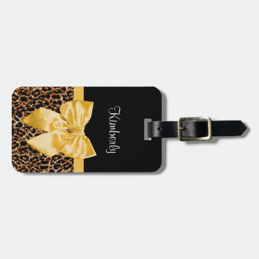 Cute Leopard Print Elegant Yellow Bow and Name Bagagelabel (Voorkant horizontaal)