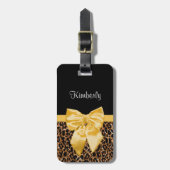 Cute Leopard Print Elegant Yellow Bow and Name Bagagelabel (Voorkant verticaal)