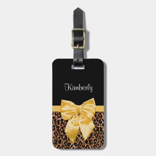Cute Leopard Print Elegant Yellow Bow and Name Bagagelabel (Voorkant verticaal)