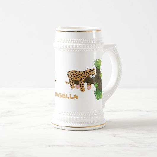 Cute leopard slapen in de cartoon afbeelding van d bierpul (Voorkant rechts)