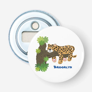 Cute leopard slapen in de cartoon afbeelding van d button flesopener