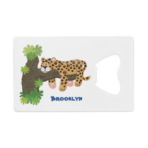 Cute leopard slapen in de cartoon afbeelding van d creditkaart flessenopener