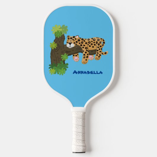 Cute leopard slapen in de cartoon afbeelding van d pickleball paddle (Voorkant)