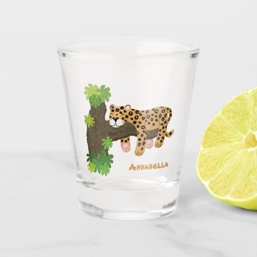 Cute leopard slapen in de cartoon afbeelding van d shot glas (Voorkant)