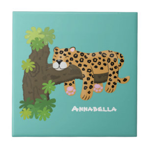 Cute leopard slapen in de cartoon afbeelding van d tegeltje