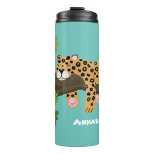 Cute leopard slapen in de cartoon afbeelding van d thermosbeker