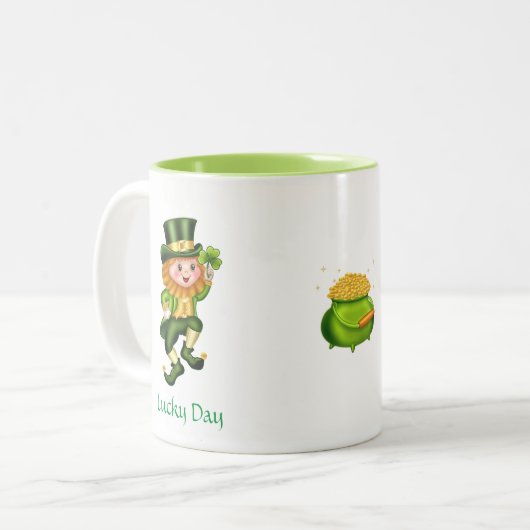 Cute Leprechaun, Calligrafie & Pot of Gold Tweekleurige Koffiemok (Voorkant links)