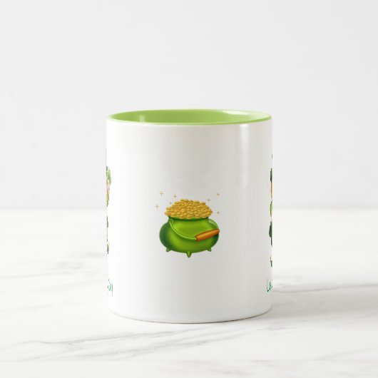 Cute Leprechaun, Calligrafie & Pot of Gold Tweekleurige Koffiemok (Center)