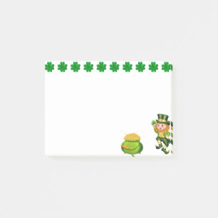 Cute leprechaun, gelukshamrocks & pot of gold post-it® notes