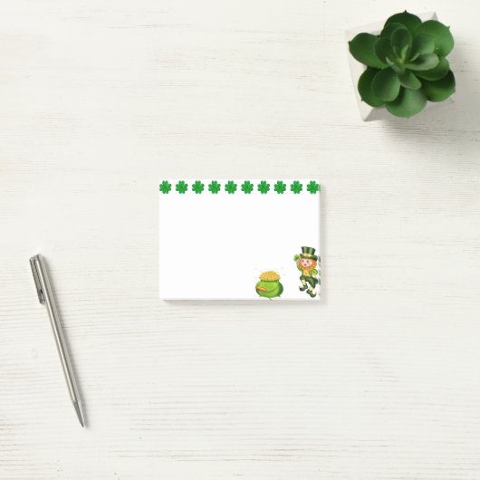 Cute leprechaun, gelukshamrocks & pot of gold post-it® notes (Kantoor)