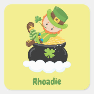 Cute Leprechaun op een pot goud Vierkante Sticker