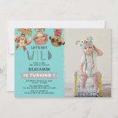 Cute Let's Get Wild Blue Oerwoud 1st Birthday Foto Kaart (Voorkant)