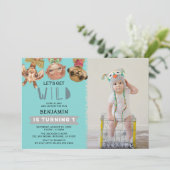 Cute Let's Get Wild Blue Oerwoud 1st Birthday Foto Kaart (Staand voorkant)