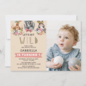 Cute Let's Get Wild Pink Oerwoud 1st Birthday Foto Kaart (Voorkant)