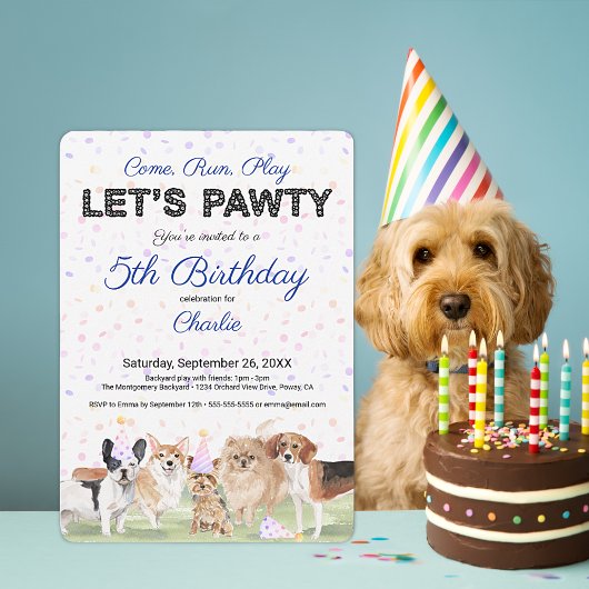 Cute Let's Pawty Blue Custom Dog Birthday Party Kaart