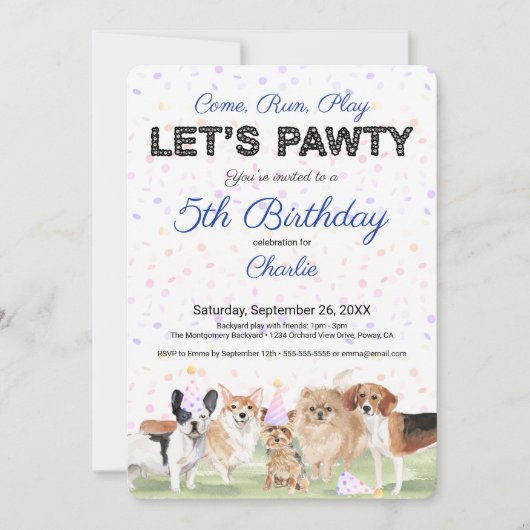 Cute Let's Pawty Blue Custom Dog Birthday Party Kaart (Voorkant)