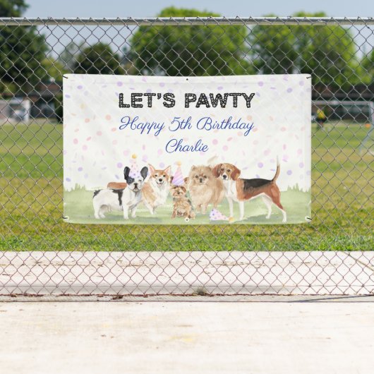 Cute Let's Pawty Blue Custom Dog Birthday Party Spandoek (Insitu)