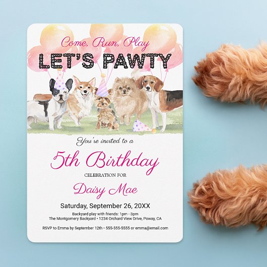 Cute Let's Pawty Custom Dog Birthday Party Kaart