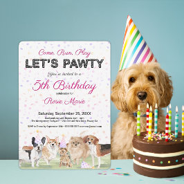Cute Let's Pawty Pink Custom Dog Birthday Party Kaart