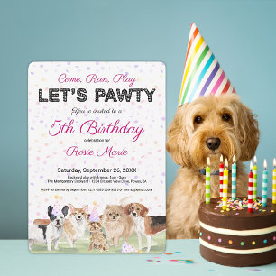 Cute Let's Pawty Pink Custom Dog Birthday Party Kaart